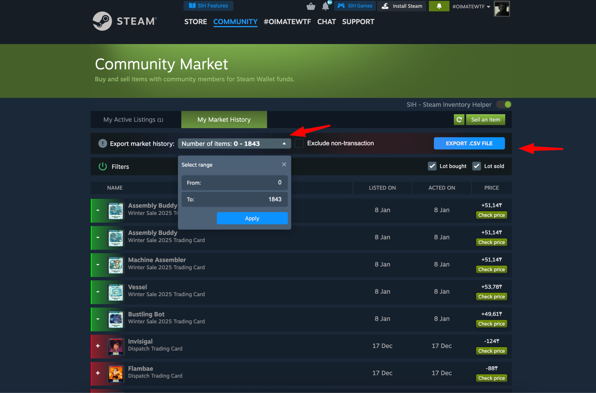 Market history export